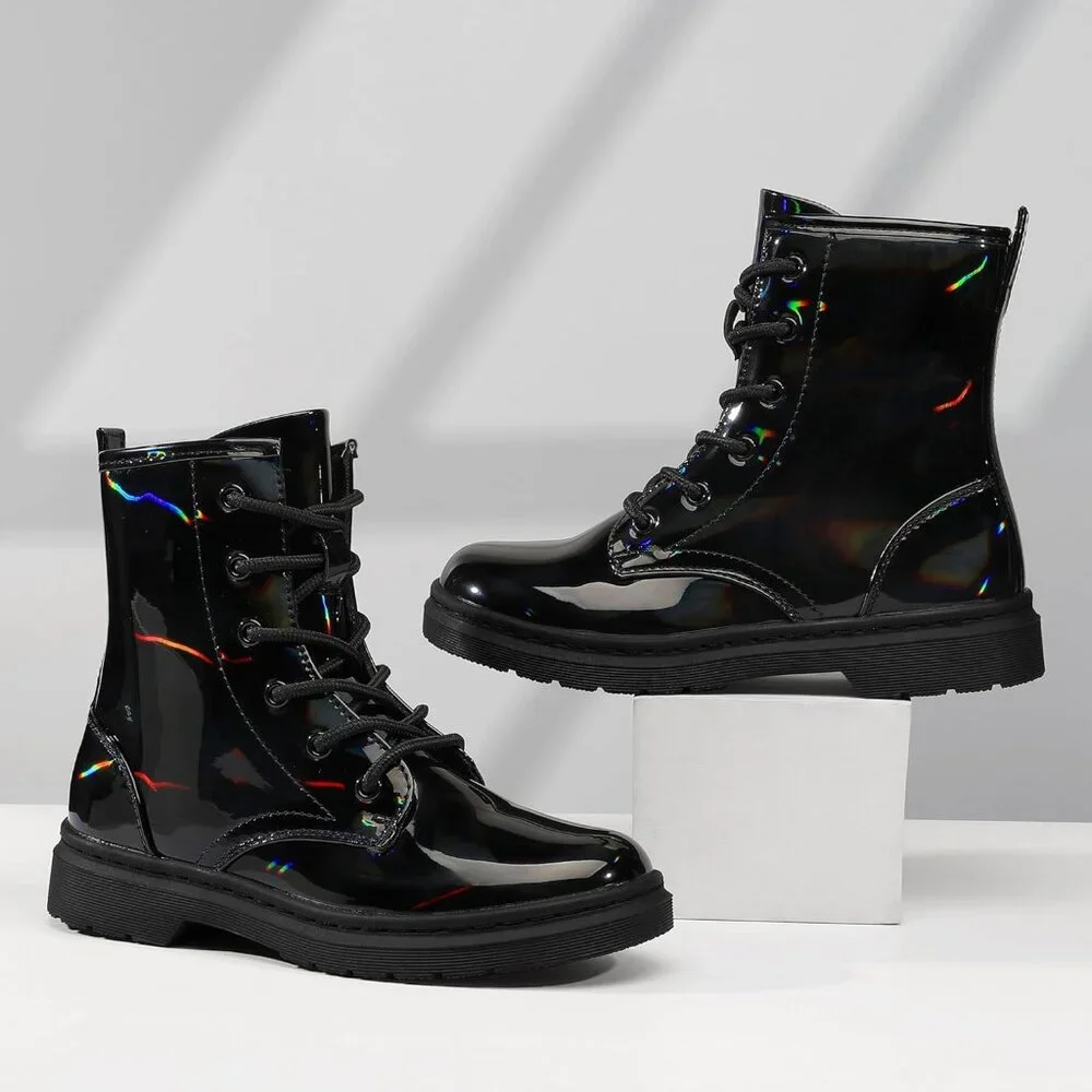 Girls Black Rubber Ankle Side Zipper Lace Up Stylish Comfort Glitter‎ Boots